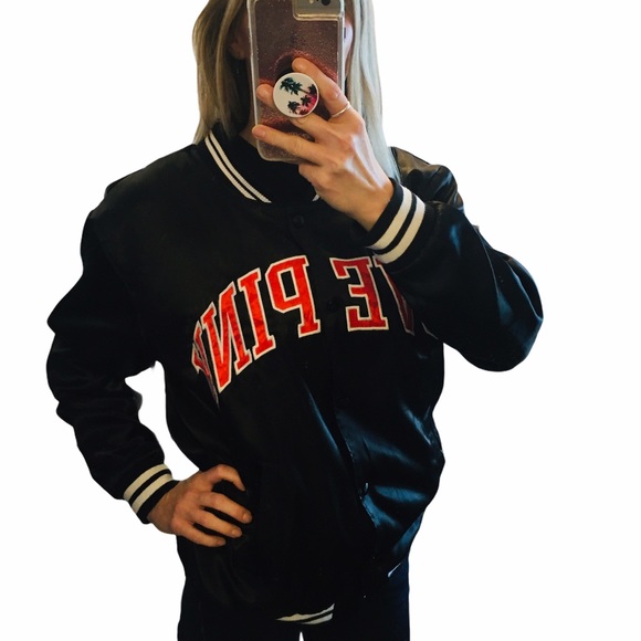 PINK Black Satin Bomber Jacket Coat Love Pink Logo - Picture 4 of 14